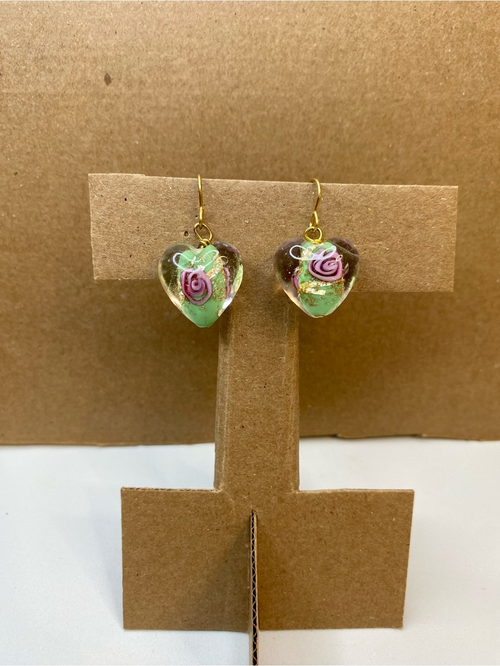 Handmade Green Heart Glass Drop Earrings with Pink Rose Detail